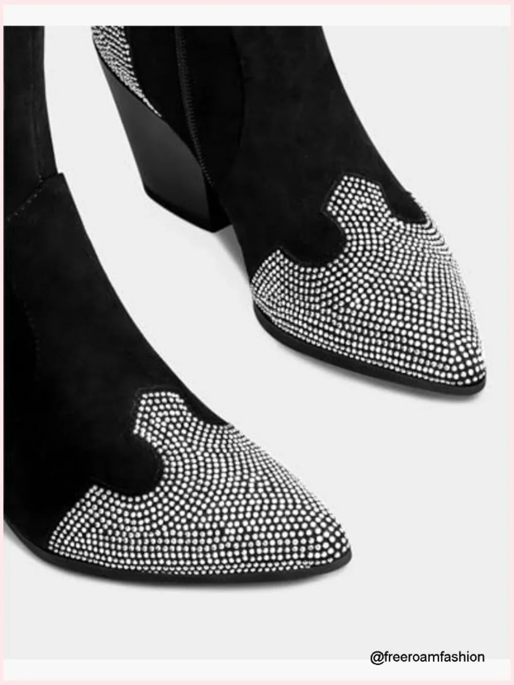 Over The Knee Cowgirl Boots with Rhinestone - Pointed Toe Chunky Heel Side